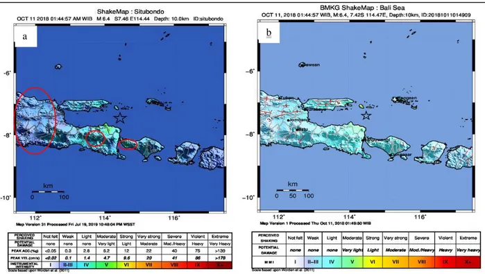 Gambar 5 (a) Shakemap yang ditambah data MMI dan (b) shakemap BMKG gempa bumi Situbondo 11  Oktober 2018