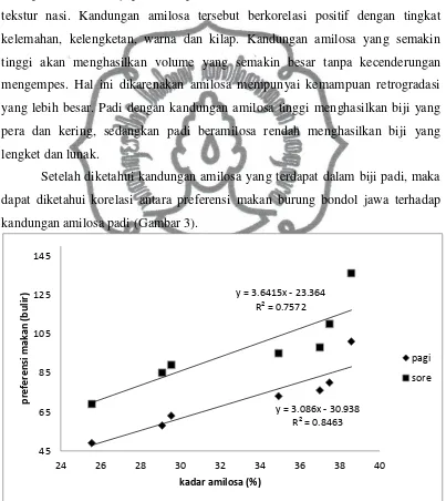 Gambar 3. Grafik korelasi antara preferensi makan dan kandungan amilosa padi 