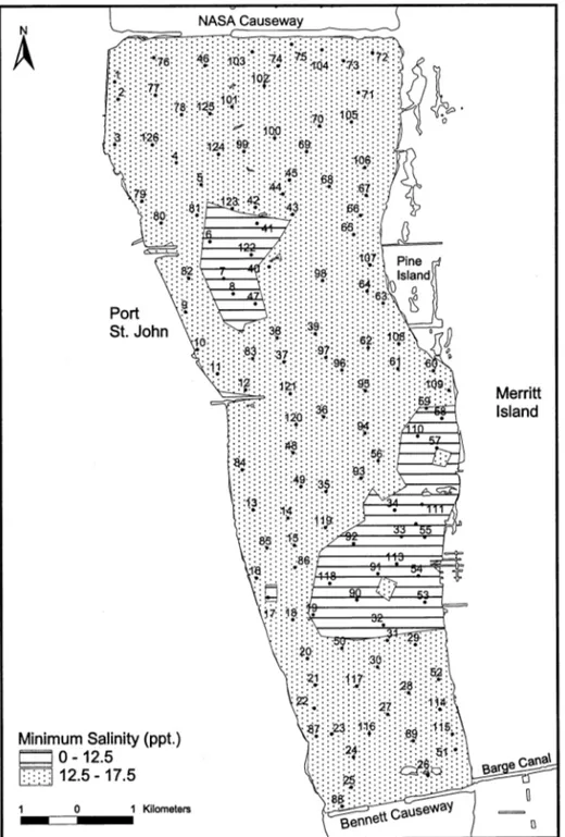 Fig. 6. Minimum salinity (ppt) contours in Shellfish Harvesting Area (SHA) C of the Indian River lagoon, Florida