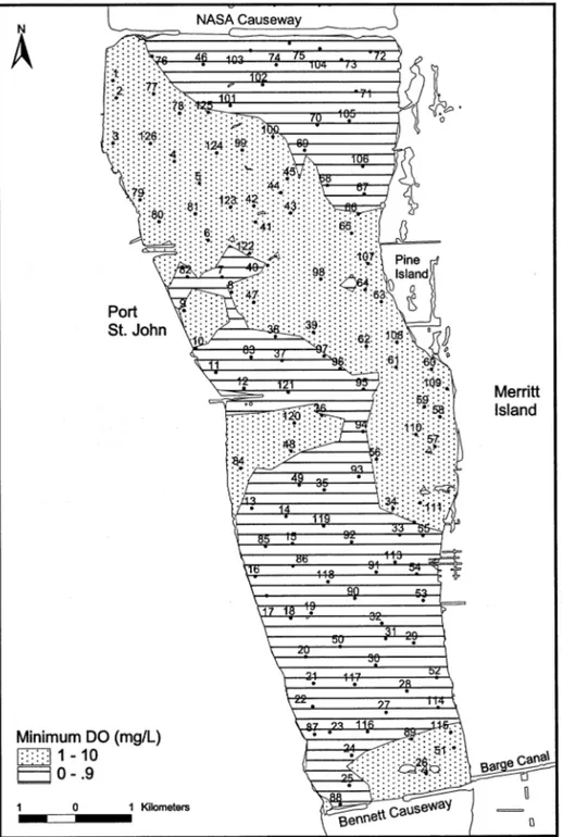 Fig. 7. Minimum dissolved oxygen (D.O., mg/l) contours in Shellfish Harvesting Area (SHA) C of the Indian River lagoon, Florida