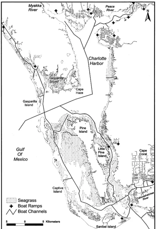 Fig. 11. Location of seagrass beds, boat ramps, and navigation channels in Charlotte Harbor, Florida.