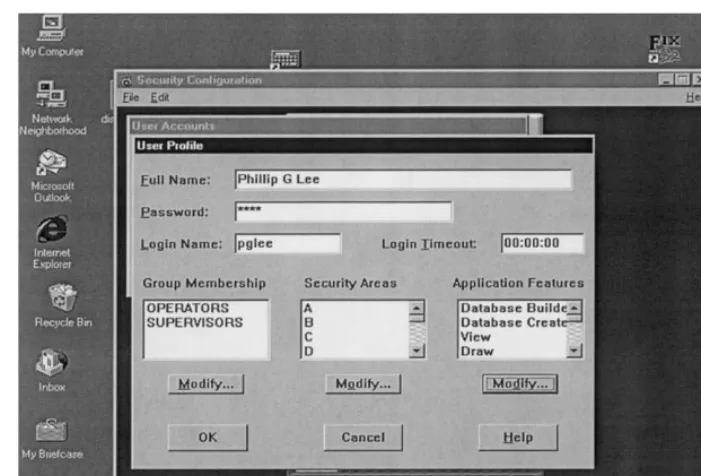 Fig. 4. Input screen for the security authorization of a user. Screen includes authorization areas andpassword protection
