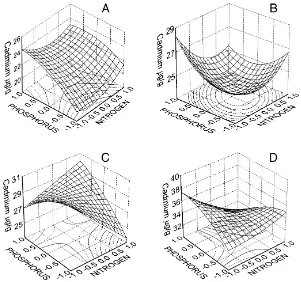 Fig. 2. Response surfaces for the effects of nitrogen and phosphorus on Cd concentrations in isopods during the experiment, for theintermediate Cd level (code 0) in week 1 (A), week 2 (B), week 3 (C) and week 4 (D)