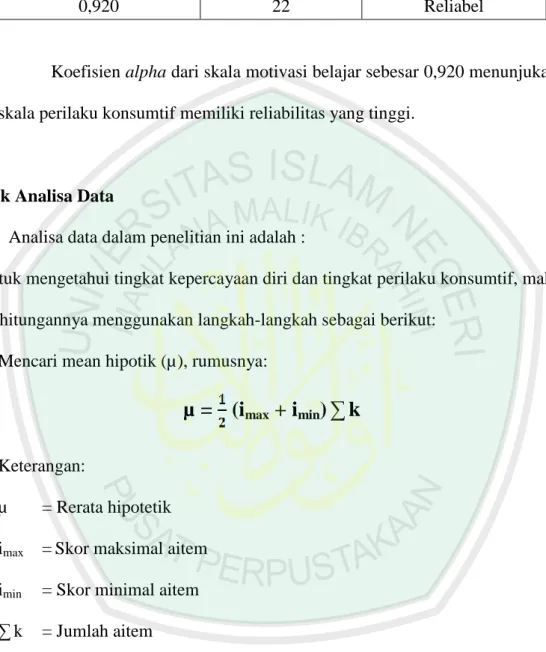 Tabel 3.11 Hasil Uji Reliabilitas Skala Perilaku Konsumtif  Cronbach’s Alpha  N of items  Keterangan 