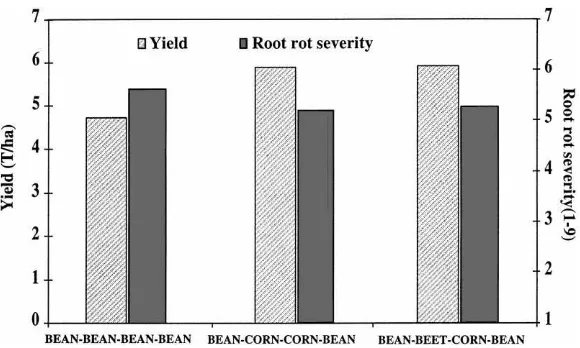 Fig. 6. Results of a test conducted in the ﬁeld showing the effect of various crop rotations on yield (t/ha) (LSD0.05=0.2) and root rotseverity of snap bean (scale of 1 — no root rot to 9 — >80% roots infected) (LSD0.05=0.4).