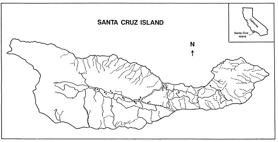 Fig. 1. Santa Cruz Island. Locations of the trees in this study are represented by numbers 1 to 10 in the central valley and an adjacentvalley