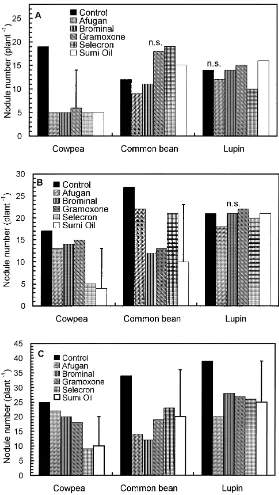 Fig. 1. Effect of pesticides on the nodule number on cowpea, common bean and lupin grown in sandy soil and inoculated withrhizobia/bradyrhizobia–arbuscular mychorrhiza and harvested at (A) 20 days, (B) 40 days, and (C) 60 days after planting