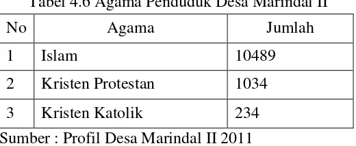 Tabel 4.6 Agama Penduduk Desa Marindal II 