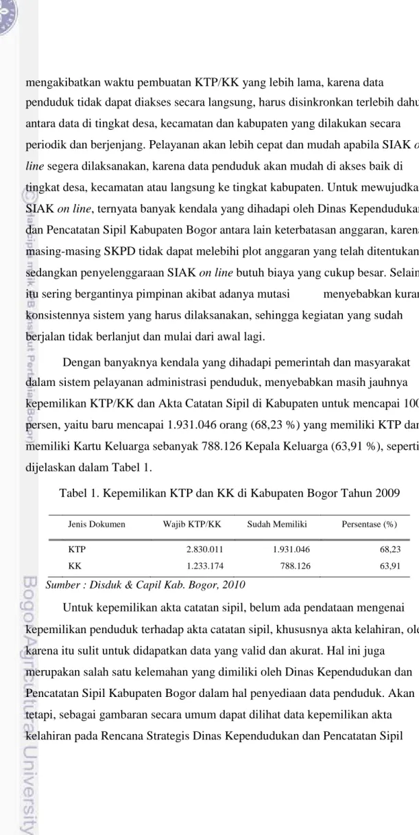Tabel 1. Kepemilikan KTP dan KK di Kabupaten Bogor Tahun 2009 