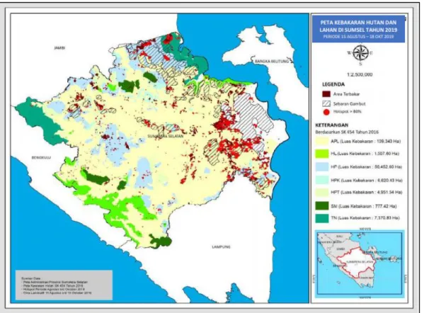 Gambar 1.1.  Peta Sebaran Kebakaran Hutan dan Lahan di Sumatera Selatan pada  Tahun 2019 