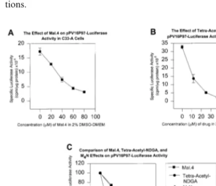 Fig. 4. The effect of three plant lignan derivatives of nordihy-droguaiaretic acid (NDGA) on the early human papillo--various concentrations and its effect on the transfected pro-moter luciferase reporter vector in C33A cells