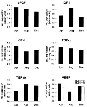 Fig. 2. Relative expression levels of different growth factors during pre-rutting (April), rutting (August) andpost-rutting (December) season