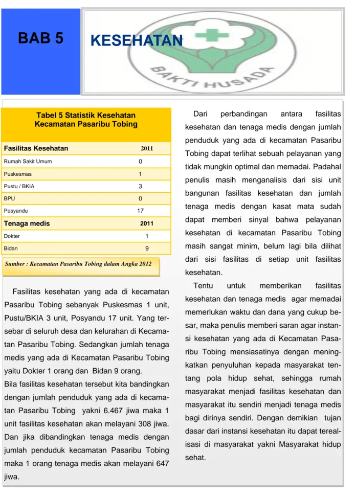 Tabel 5 Statistik Kesehatan   Kecamatan Pasaribu Tobing 
