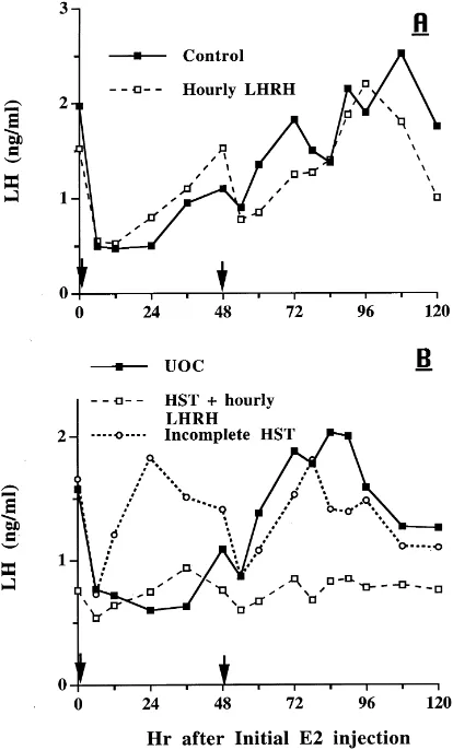 Fig. 9. Response to E2infusion of 2-17� (20 �g/kg BW; arrows designate time of i.m. injection) in ovariectomized gilts