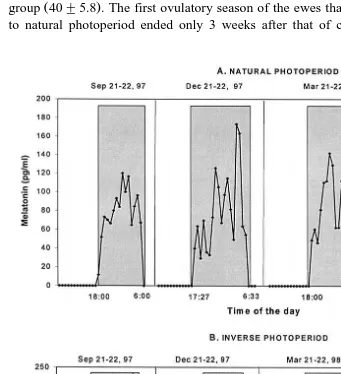 Fig. 3. Mean melatonin concentrations during 24-h periods on four different dates in Pelibuey ewes maintainedunder natural or inverse photoperiod 19Ž813 N 