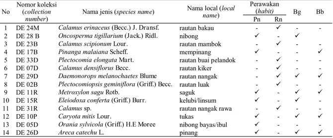 Tabel 1.   Jenis palem yang terdapat di Pulau Mendanau, Belitung (Palm  species of  Mendanau Island, 