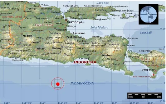 Gambar 1. Lokasi penelitian di perairan selatan Jawa Timur (titik dalam                          lingkaran pada peta) yang menjadi Samudera Hindia  