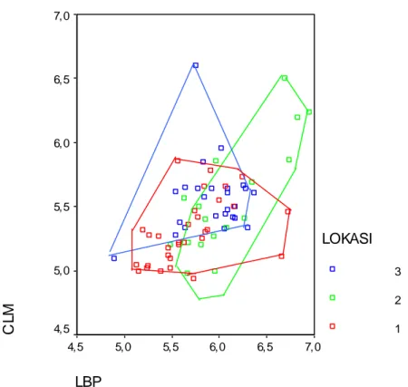 Figure  4.  Bivariate  plot  of  CLM  and  LBP  of  M.  whiteheadi  from  Sumatra  group