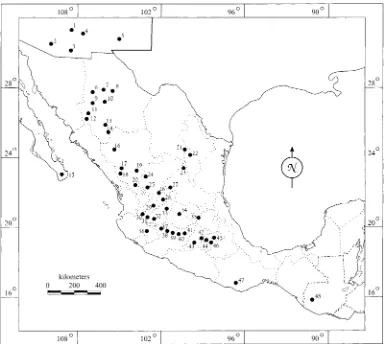 Fig. 2.Map showing the 48 generalized areas of the accessions ofstoloniferum, S. demissum, S