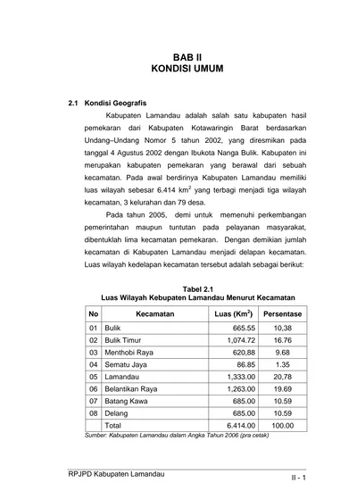 BAB II KONDISI UMUM. Tabel 2.1 Luas Wilayah Kebupaten Lamandau Menurut ...