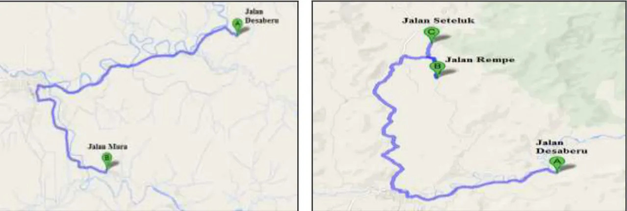 Gambar 3 Rute Jalan Desaberu-Rempe-Seteluk dan Rute Jalan Desaberu-Mura (GoogleMaps, 2013) 