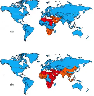 Fig. 2. Global water scarcity (a) now and (b) in 2050. Regions are coded according to their per capita annual renewable freshwaterresource