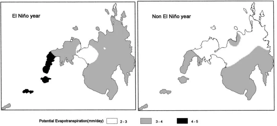 Fig. 5. PET (mm per day) during January of an El Niño (1990) and non-El Niño (1988) year in Mindanao, Philippines.