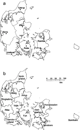 Fig. 1. Regions allocated to six climate stations (a) and administrative counties (b) in Denmark.
