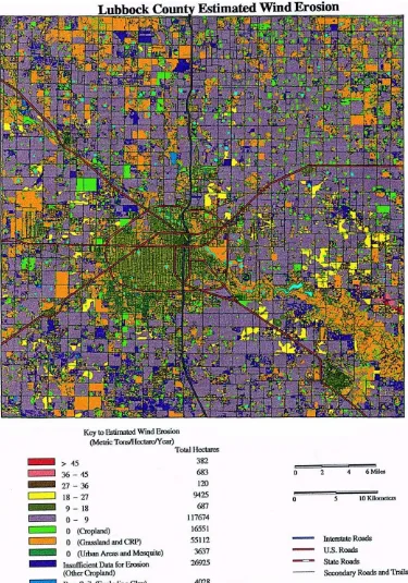 Fig. 2. Estimated wind erosion for Lubbock County, TX, using the RWEQ and assuming 6 ha (10 ac) ﬁelds for each combination of landuse and soil