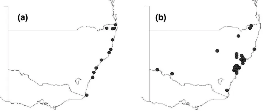 Fig. 1. CLIMEX ‘Match Climates’ index for Mt Tamborine in Queensland, Australia with locations in New South Wales: (a) winterminimum temperature, (b) winter maximum temperature.
