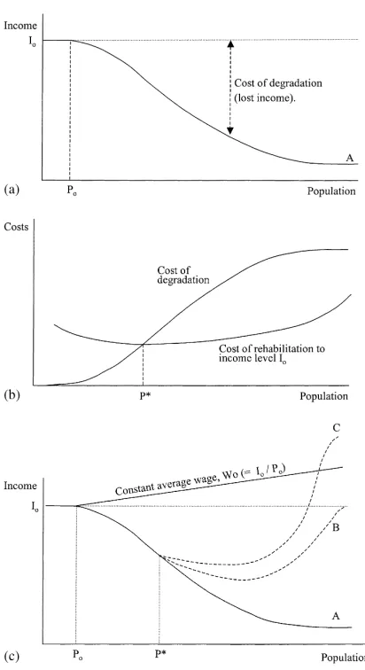 Fig. 2. (a) Impact of degradation on village income; (b) impact ofdegradation on village income and rehabilitation costs; (c) alter-native development paths with innovation and technical change.