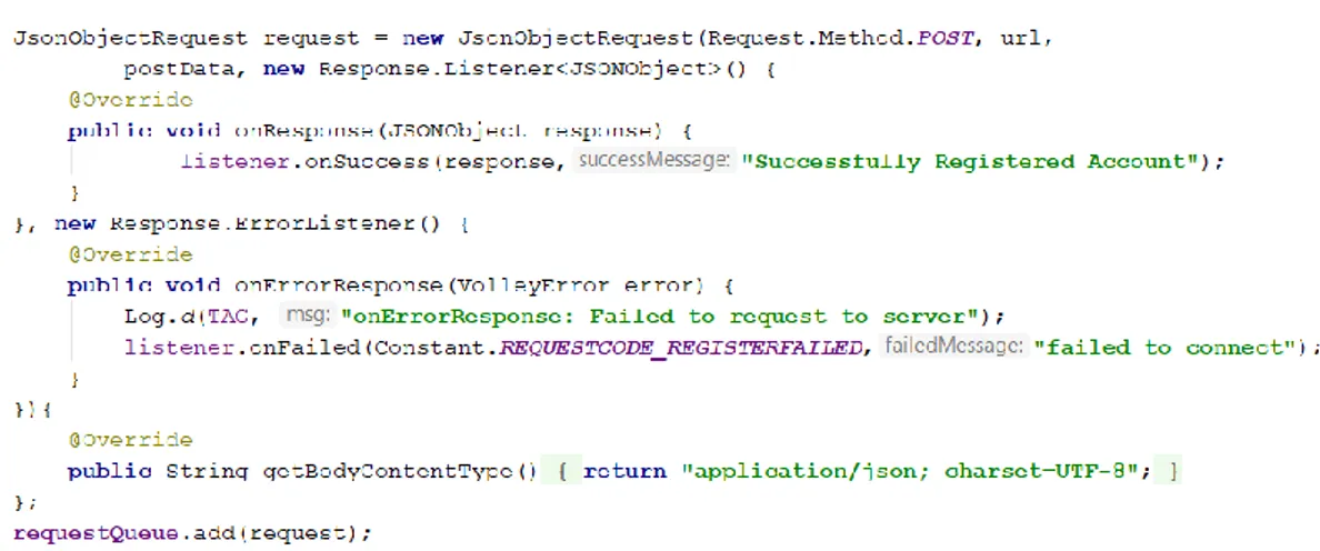Gambar 5  Potongan kode program proses request untuk register ke server back-end dengan bantuan library Volley