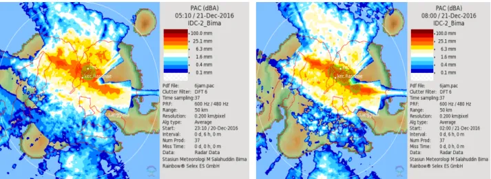Gambar 15 Citra Radar 05.10UTC (13.10Wita) (Kiri) dan 08.00 UTC (16.00 Wita) (Kanan) tgl 21 Desember 2016   