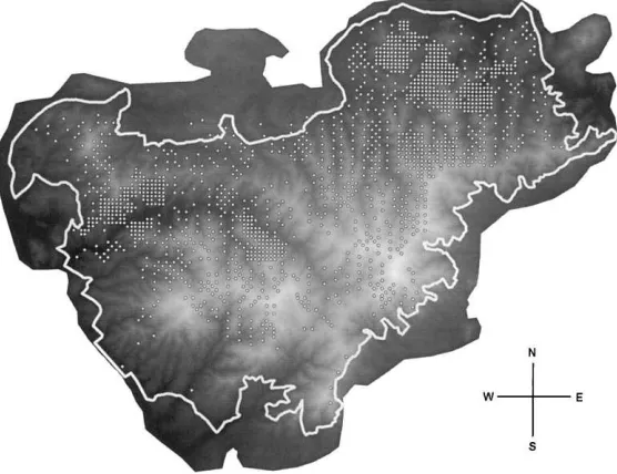 Fig. 1. Digital elevation model, limits of the study area and location of the 1520 ﬁeld plots used.