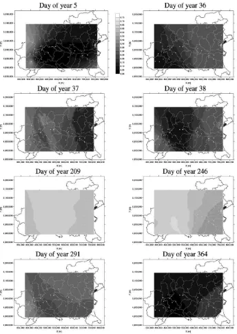 Fig. 2. ‘Calculate ﬁrst, interpolate later’ procedure: example of the results. Maps of estimated atmospheric transmissivity for 8 randomlyselected days.