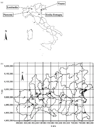 Fig. 1. (a) Position of the study area in Italy: the weather stations are located in following regions of northern Italy: Piemonte, Lombardia,Emilia-Romagna, Veneto; (b) Position of weather stations where the data used in this study were collected