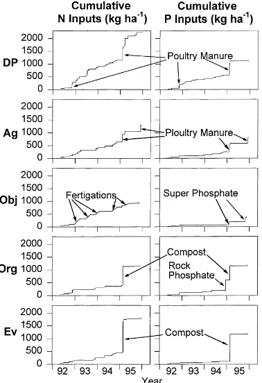 Fig. 3. Cumulative nitrogen and phosphorus inputs to the vegetablefarming-systems, showing the form of the larger inputs