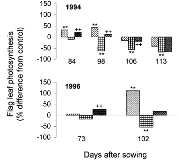 Fig. 1. The ﬂag leaf chlorophyll content (�g cm−2) in the1996 growing season. (�) ambient CO2/ambient O3, (�) 680CO2/ambient O3, (�) ambient CO2/elevated O3, (�) 680CO2/elevated O3