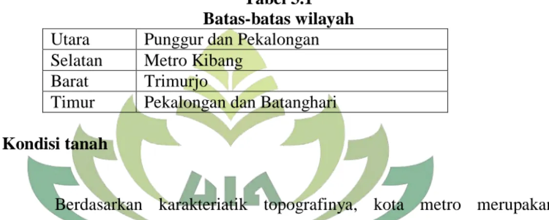 Tabel 3.1  Batas-batas wilayah  Utara   Punggur dan Pekalongan  Selatan  Metro Kibang 