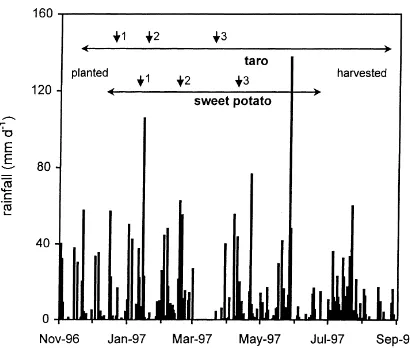 Fig. 1. Daily rainfall (mm) during the experimental period. Verticalarrows indicate timing of N applications.