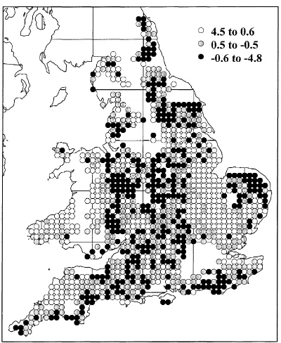 Fig. 5. Scores (arbitrary units) for 10 km squares in lowland Eng-land and Wales for the third principal component, PRIN3