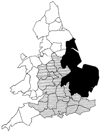 Fig. 1. The distribution of arable counties (black), mixed counties(shaded) and pastoral counties in England and Wales.