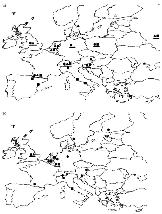 Fig. 2. Ozone injury at ICP-vegetation experimental sites in (a) 1995 and (b) 1996. Key to symbols: (�) injury on white clover, (�)white clover grown, but injury not detected, (▲) injury on subterranean clover, (�) subterranean clover grown, but injury not