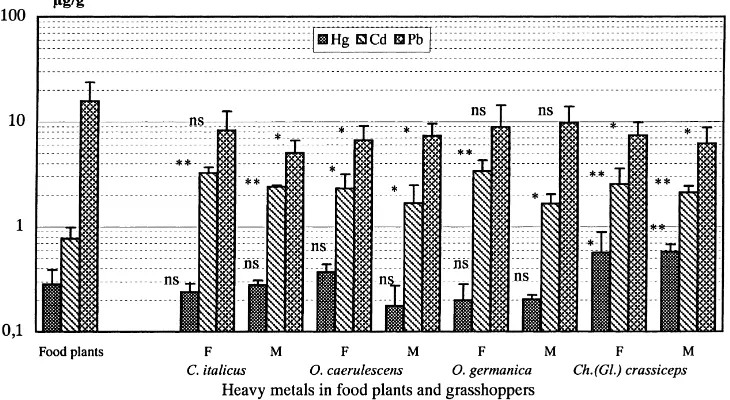 Fig. 1. Concentrations (mean ± SD in �g/g dry weight) of heavy metals (Hg, Cd, Pb) in food plants and in females (F) and males (M) offour species of grasshoppers from the Taigetos Mountains
