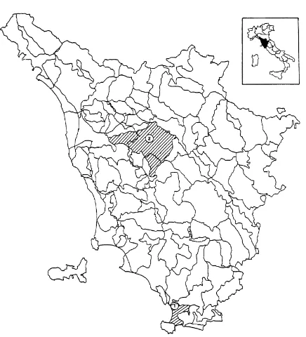 Fig. 1. Location of the two checked farms within the Tuscanlandscape systems (Italy). La Selva farm (in subsystem PC6 ofthe landscape system of Coastal Plains)