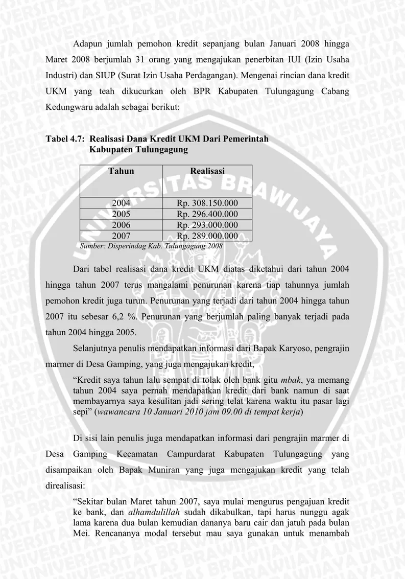 Tabel 4.7:  Realisasi Dana Kredit UKM Dari Pemerintah   Kabupaten Tulungagung  Tahun  Realisasi  2004 Rp