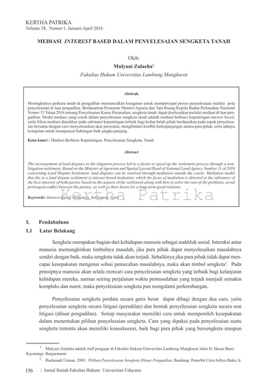 MEDIASI INTEREST BASED DALAM PENYELESAIAN SENGKETA TANAH