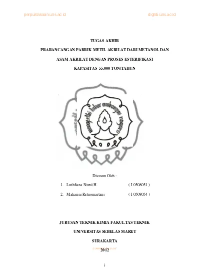 Tugas Akhir Prarancangan Pabrik Metil Akrilat Dari Metanol Dan Asam Akrilat Dengan Proses 1895