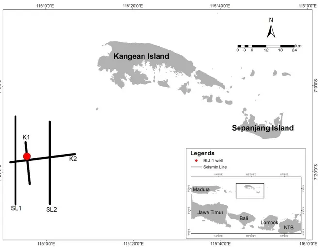 Figure 1.  Map  of  North  Bali  Waters  showing  the  study  area  with  seismic  lines  and  well  location.