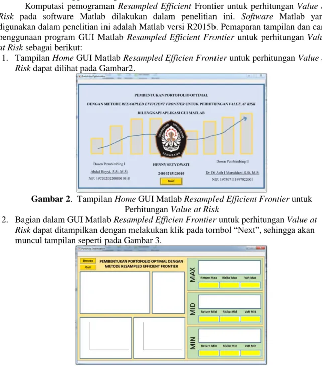 Gambar 2.  Tampilan Home GUI Matlab Resampled Efficient Frontier untuk 